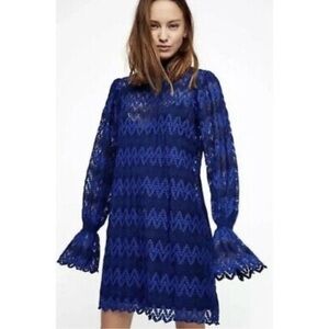 Free People Simone Crochet Long Sleeve Blue Dress - large